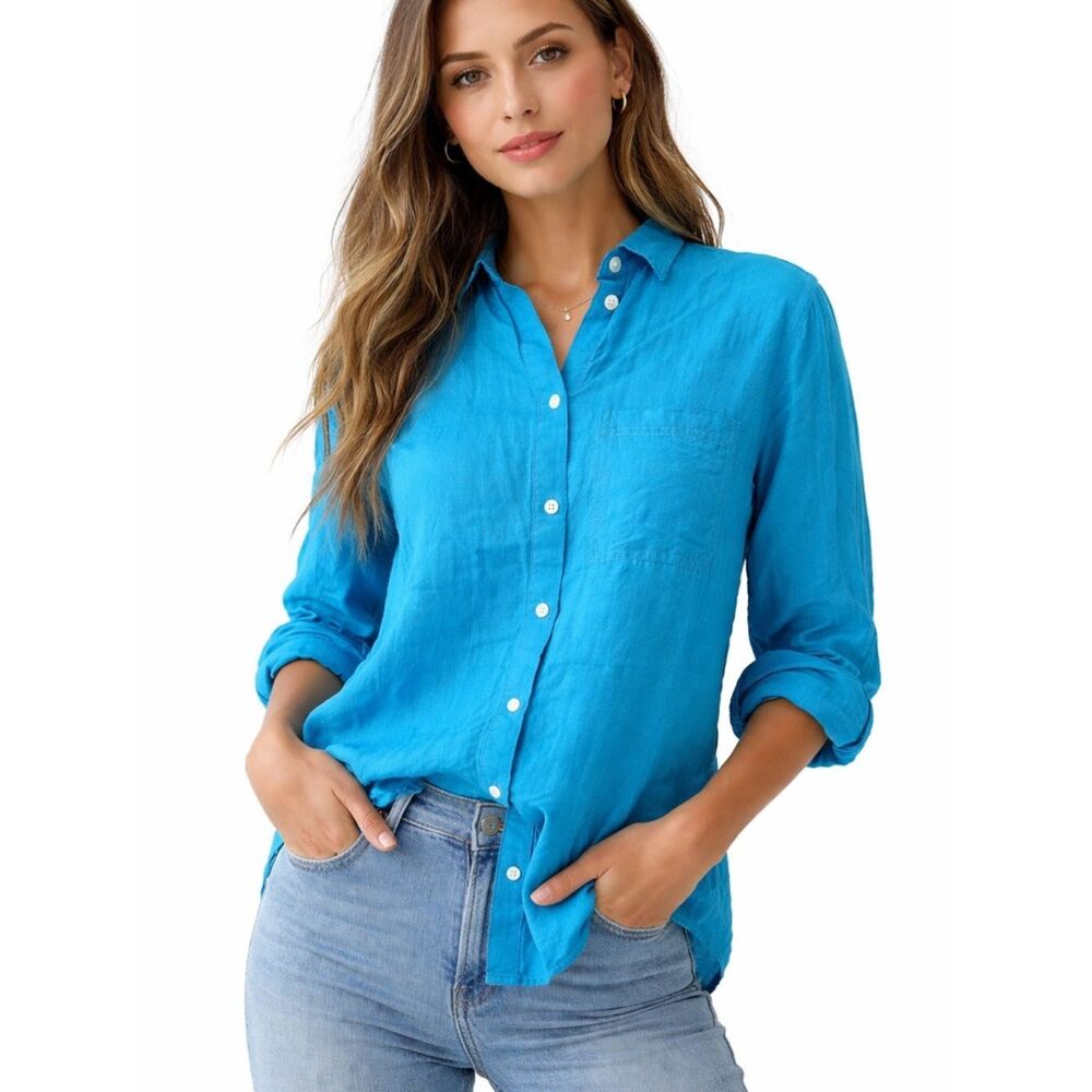 J. Crew Women's Long-Sleeve Button-Down Blue Blouse Boyfriend Cut SZ  2